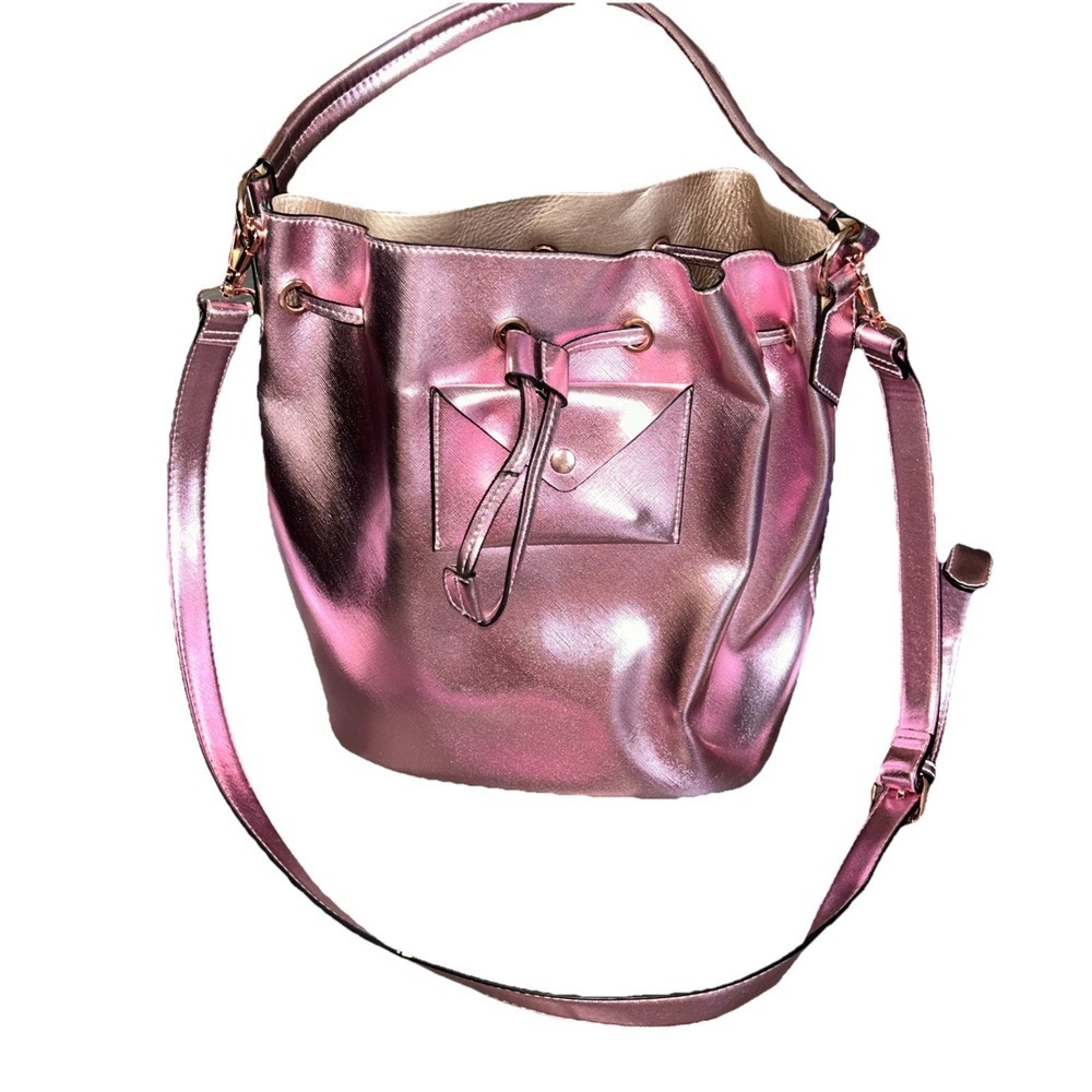 Metallic Pink Drawstring Bucket Bag